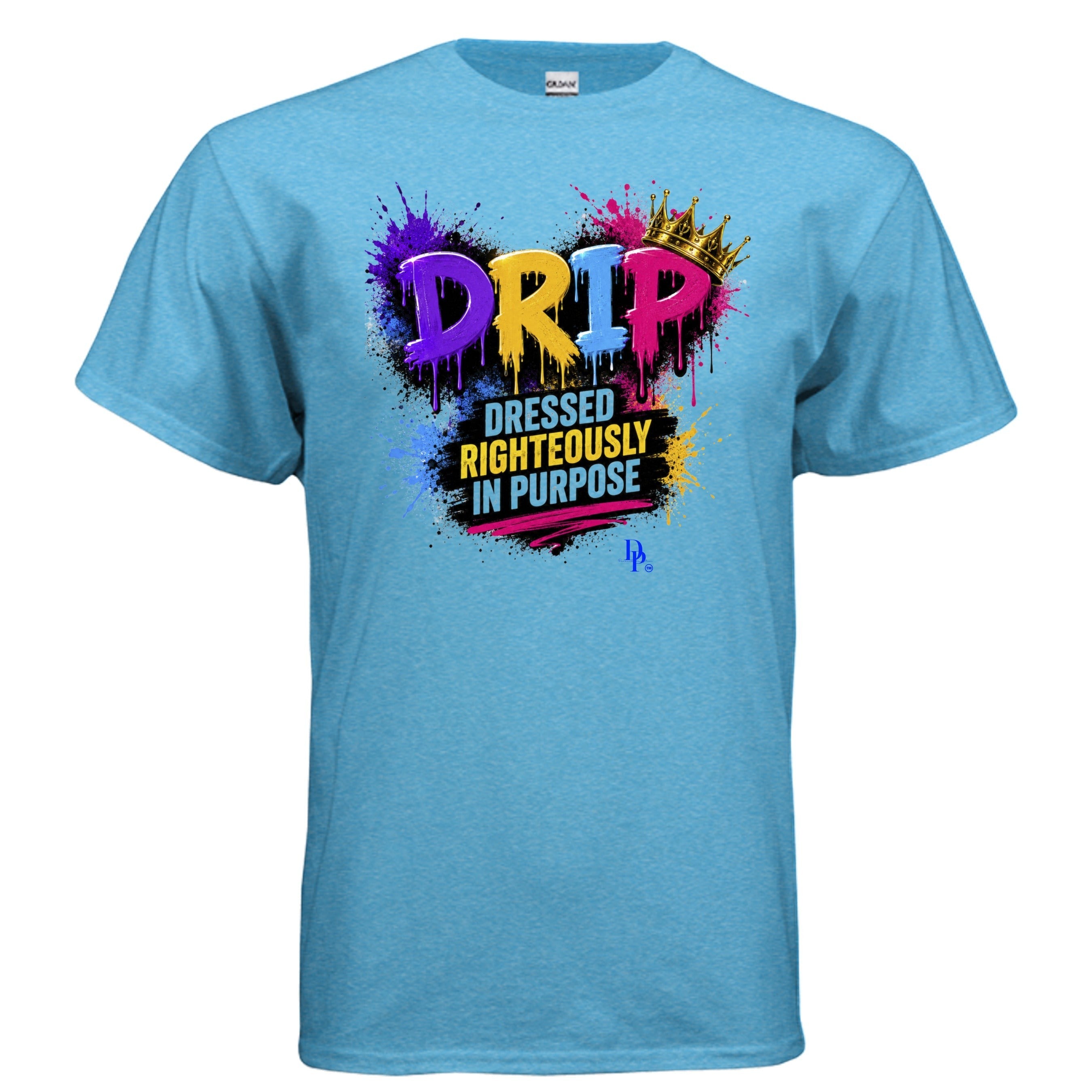Dunamis Perception light blue heavyweight cotton unisex tee with colorful DRIP graphic and crown design.
