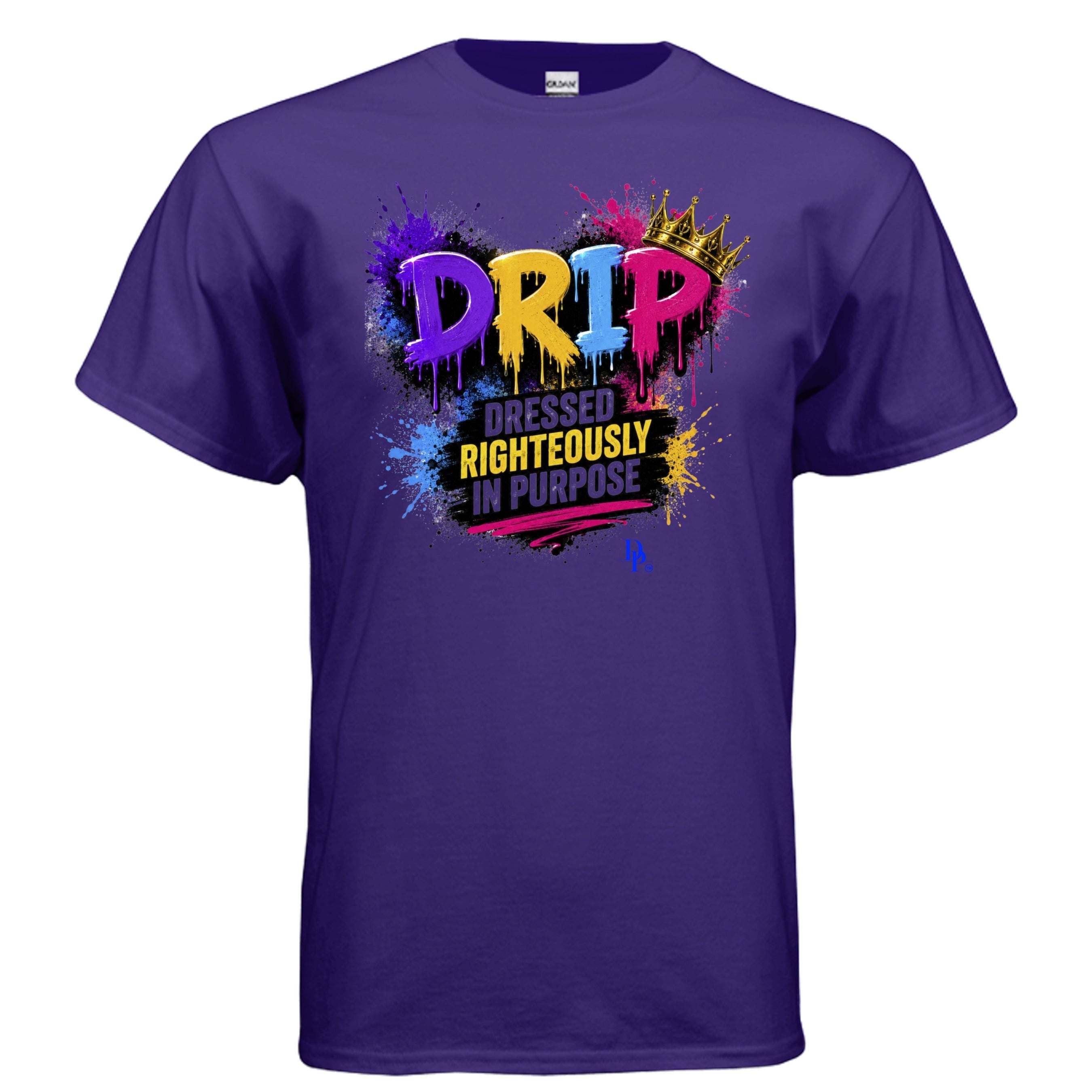 Dunamis Perception purple heavyweight cotton unisex tee with colorful DRIP graphic and crown detail.