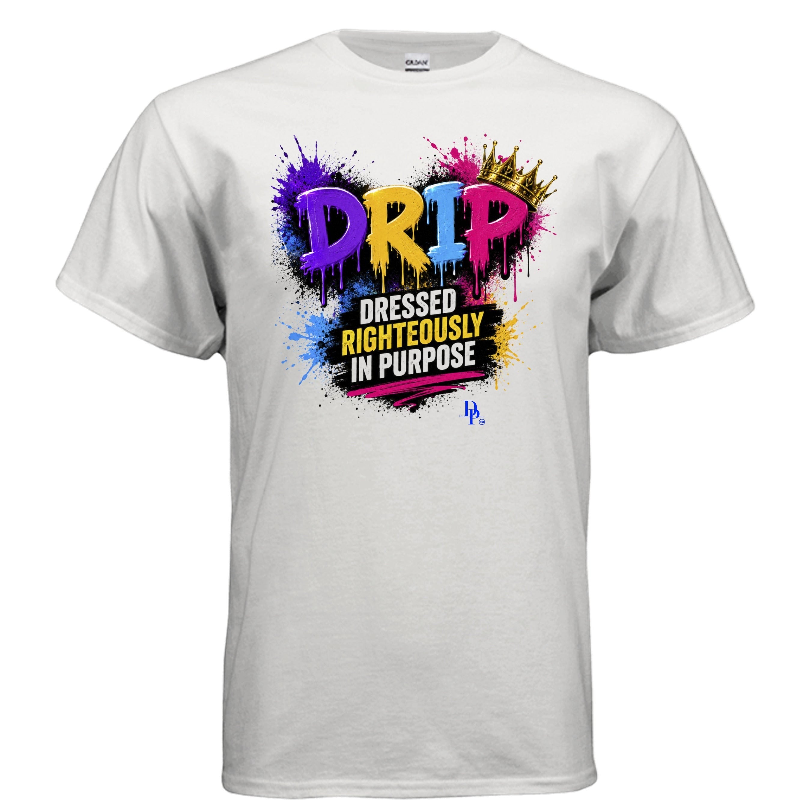 Dunamis Perception white heavyweight cotton unisex t-shirt featuring a colorful DRIP graphic with a gold crown.
