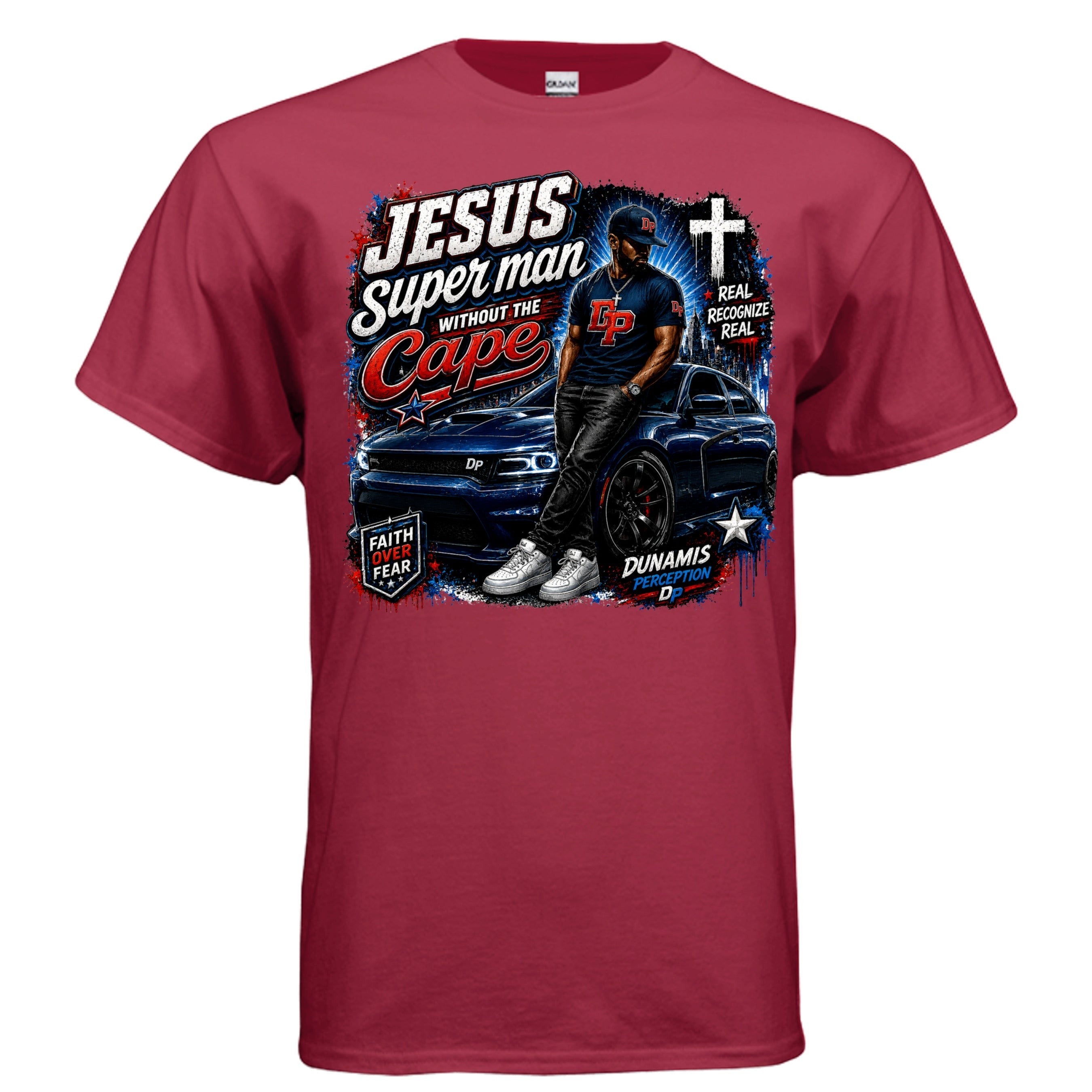 Dunamis Perception Jesus..Without the Cape red cotton graphic t-shirt featuring a man leaning against a blue car.