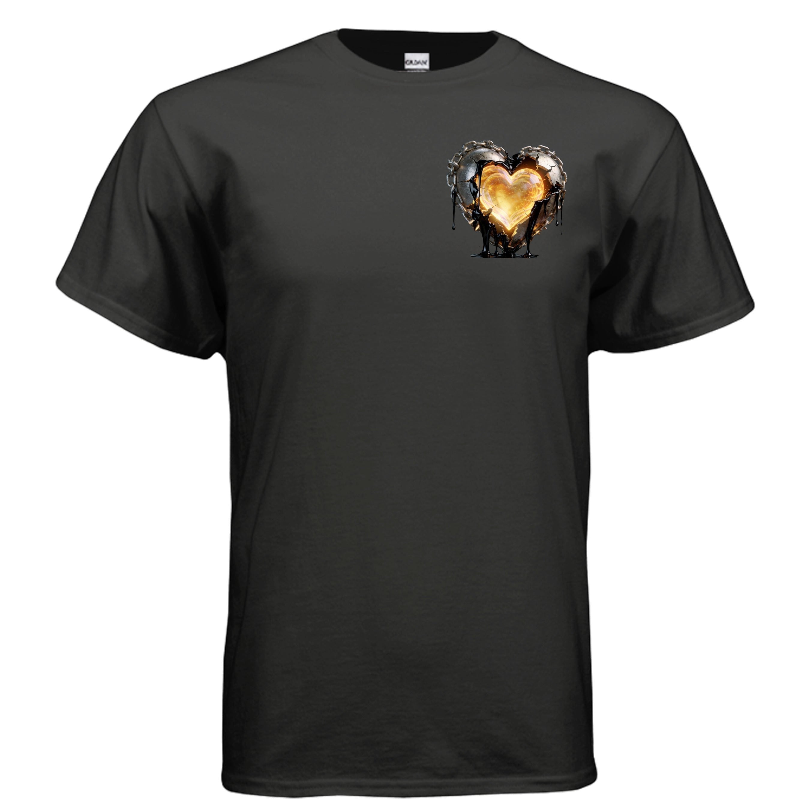 Dunamis Perception Surrendered Heart black cotton t-shirt with a glowing metallic heart chest graphic.