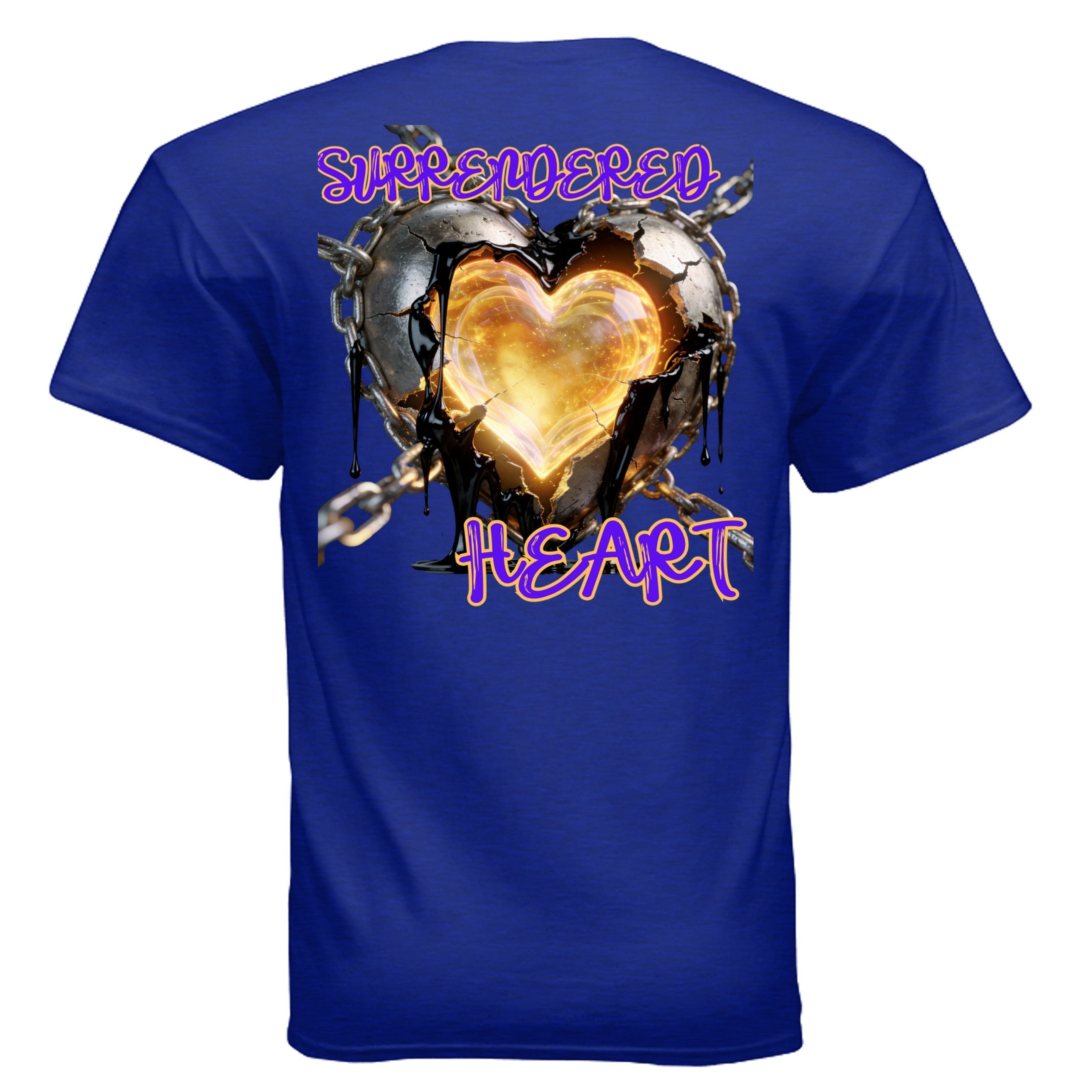 Dunamis Perception Surrendered Heart graphic tee in antique royal blue with a glowing heart and chain design.