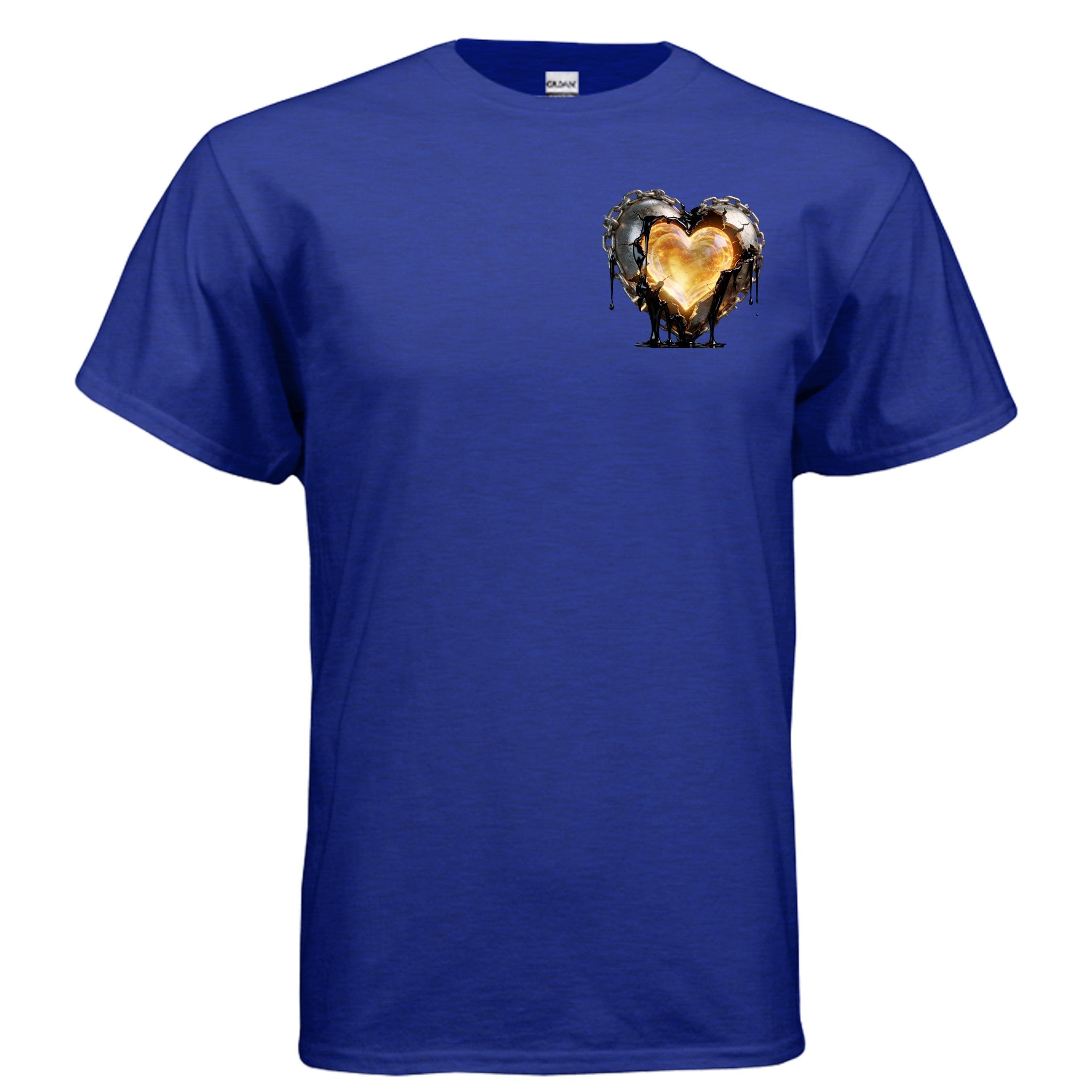 Dunamis Perception Surrendered Heart graphic tee in antique royal blue cotton with a glowing heart chest print.