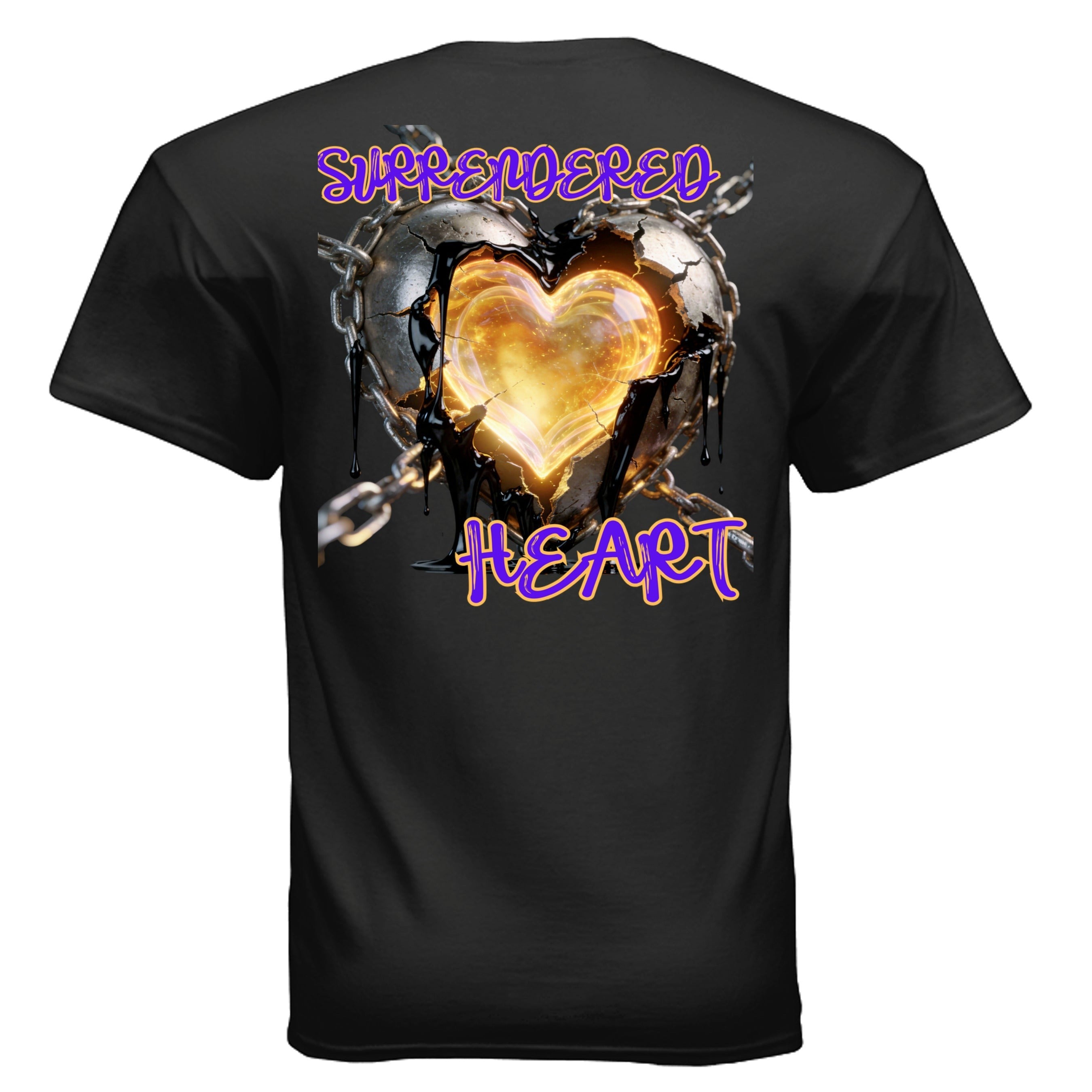 Dunamis Perception black cotton t-shirt featuring a Surrendered Heart graphic with chains and a glowing core.