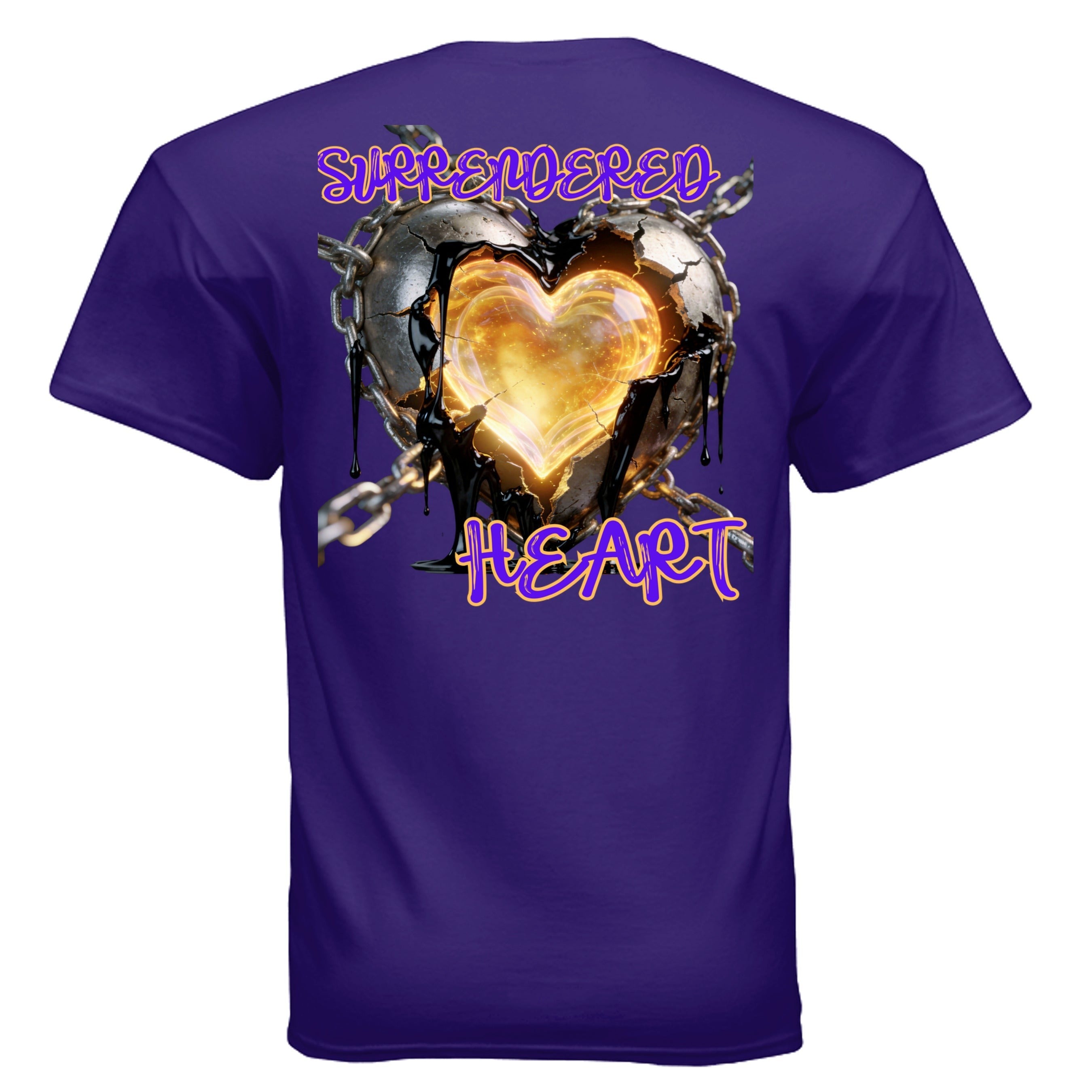 Dunamis Perception purple cotton t-shirt featuring a Surrendered Heart graphic with chains and a glowing core.