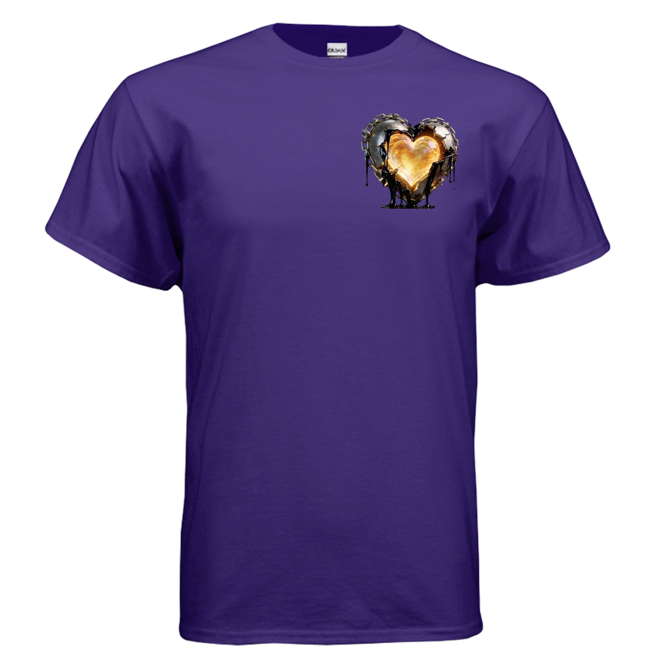 Dunamis Perception Surrendered Heart purple cotton t-shirt with a glowing metallic heart graphic on the chest.