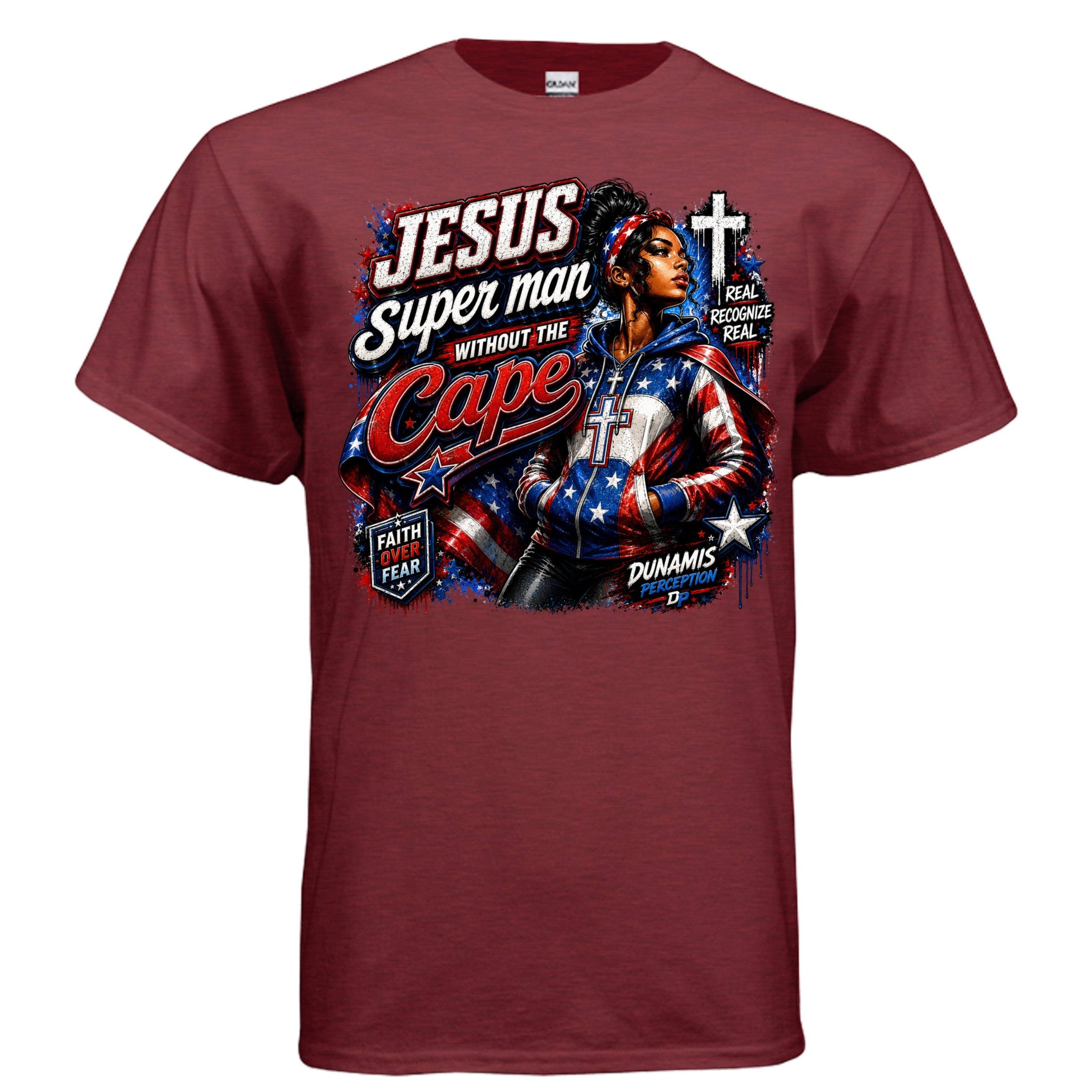 Dunamis Perception Without the Cape Woman maroon cotton t-shirt featuring a graphic of a woman in a flag-print hoodie.
