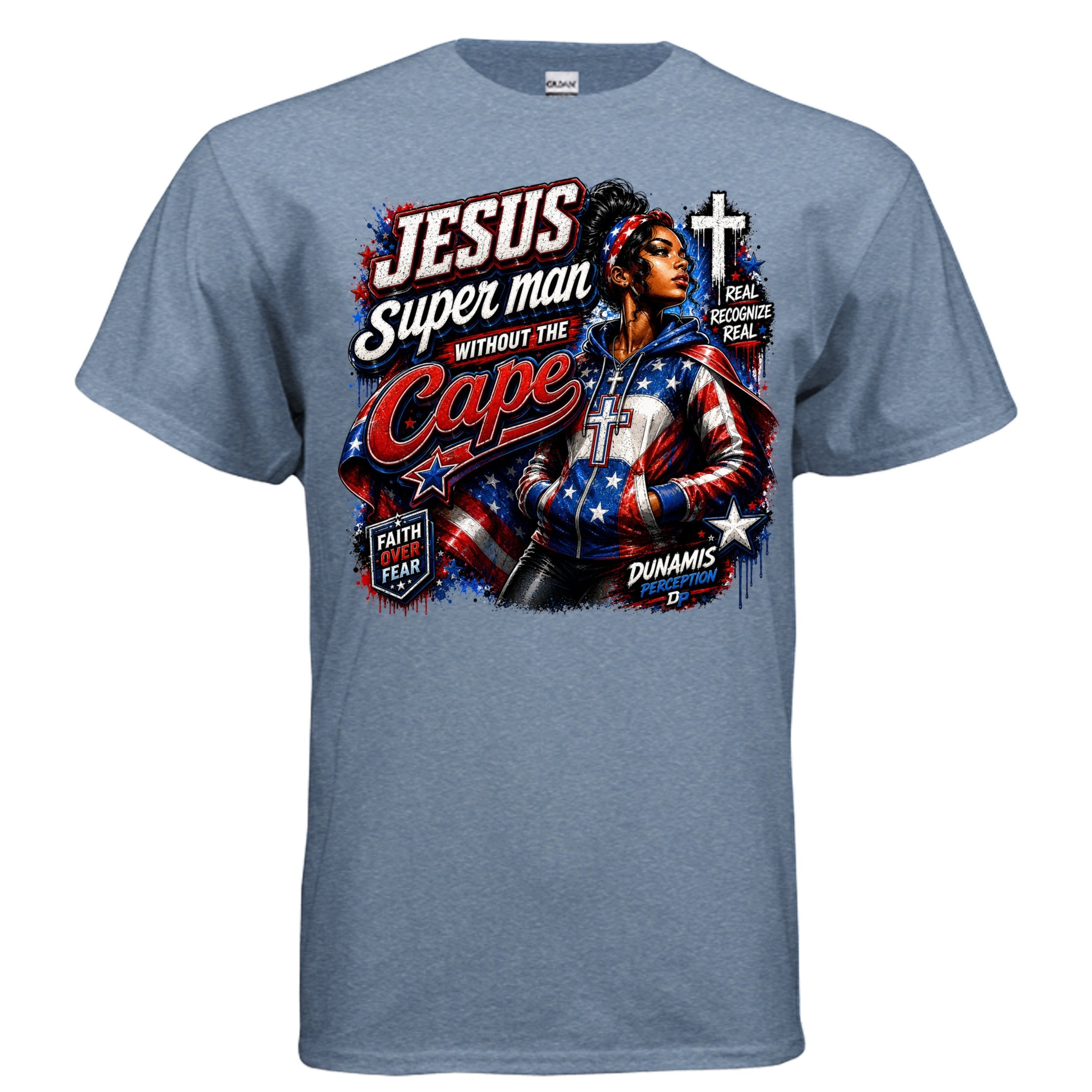 Dunamis Perception Without the Cape Woman graphic tee in heather blue with faith-inspired artwork and bold lettering.