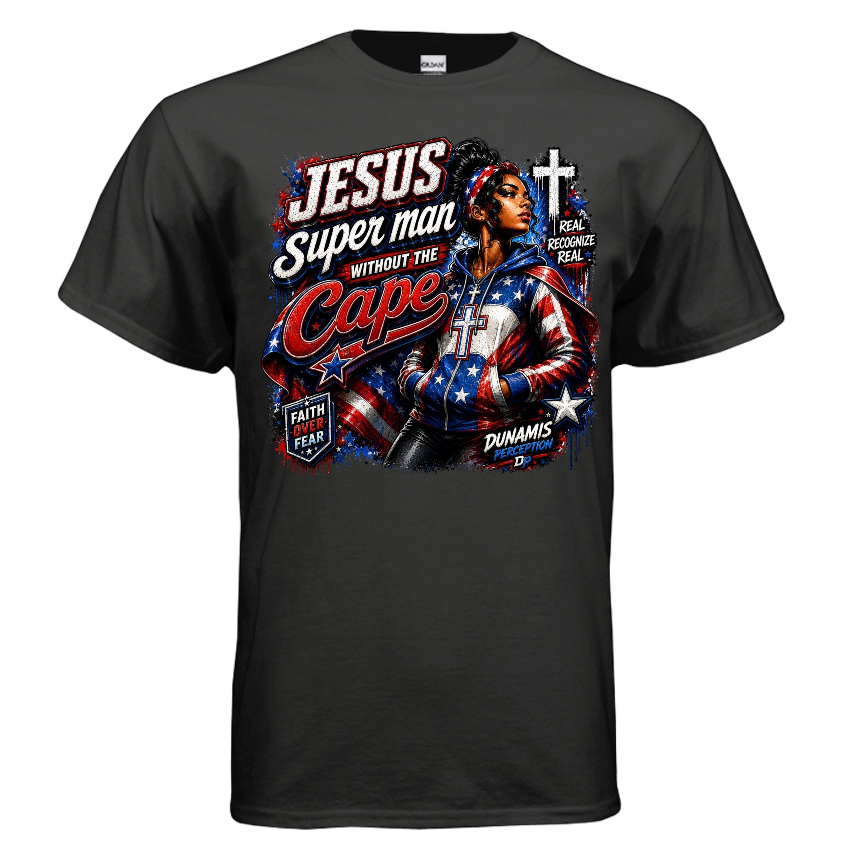Dunamis Perception black cotton t-shirt featuring a graphic of a woman in a patriotic hoodie with faith-based text.